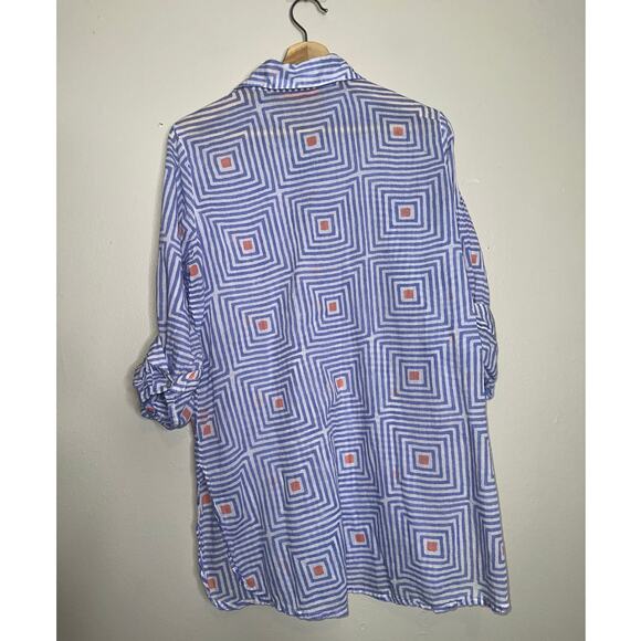 Oliphant Blue White Geometric Cotton Popover Tunic Top Roll Tab Sleeve Medium - Picture 6 of 6
